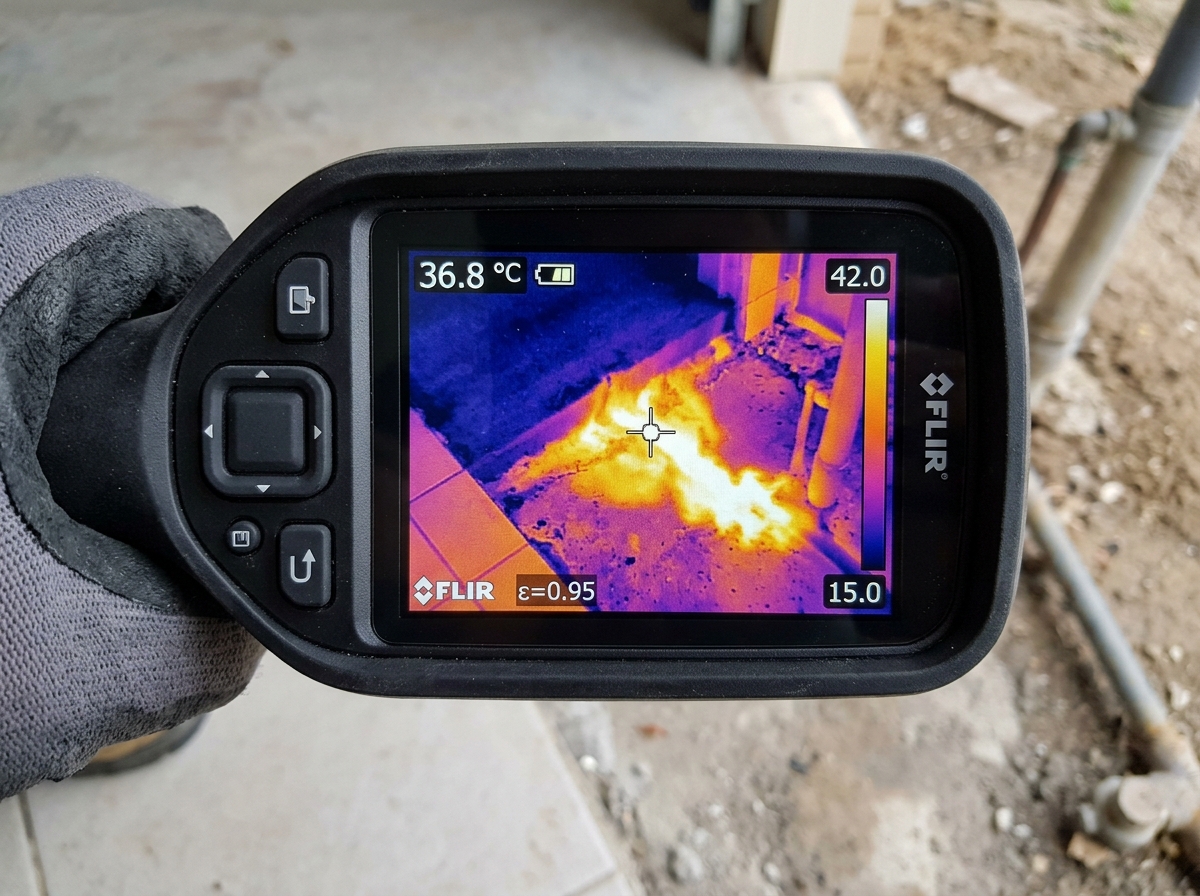 Thermal imaging scan revealing hot water slab leak beneath tile floor